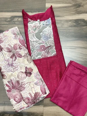 Soft silk top (crepe lining) with mirror worked brasso patchwork on yoke paired with brasso dupatta and silk bottom (free size)