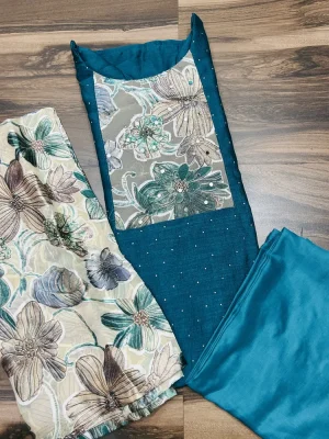 Soft silk top (crepe lining) with mirror worked brasso patchwork on yoke paired with brasso dupatta and silk bottom (free size)