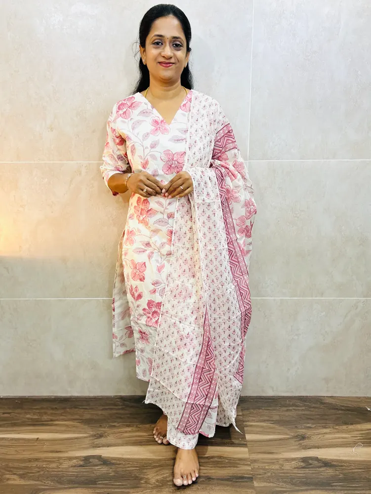 Printed Jaipur cotton top (cotton lining) paired with printed cotton dupatta and cotton bottom (straight cut)