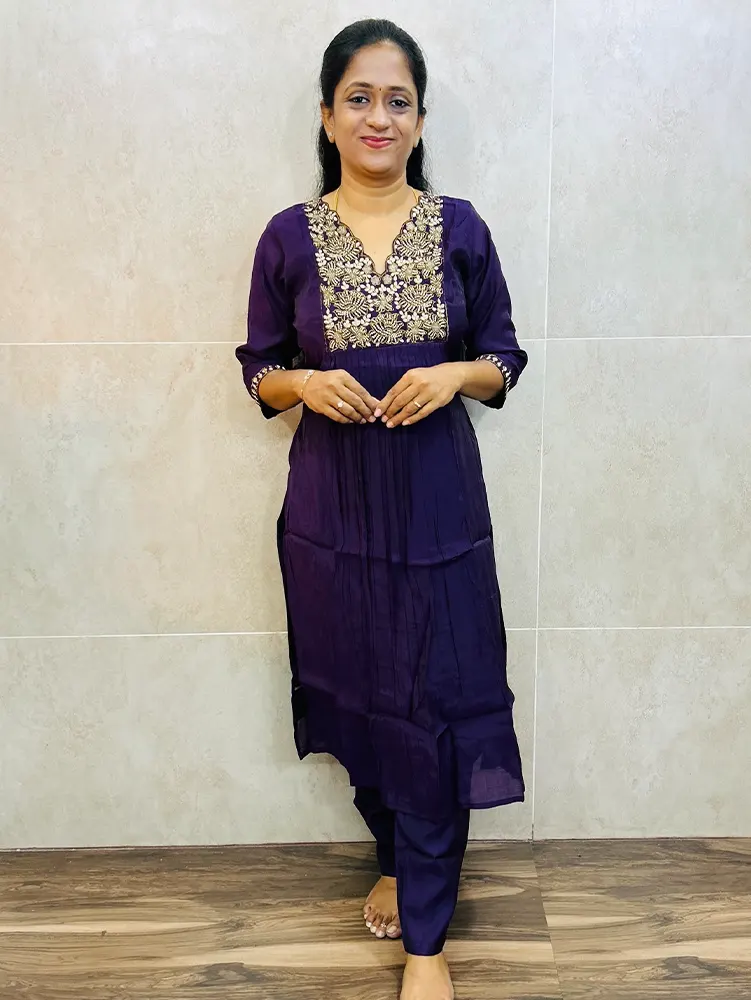 Soft silk top (crepe lining) with embroidered yoke paired with soft silk bottom (straight cut)