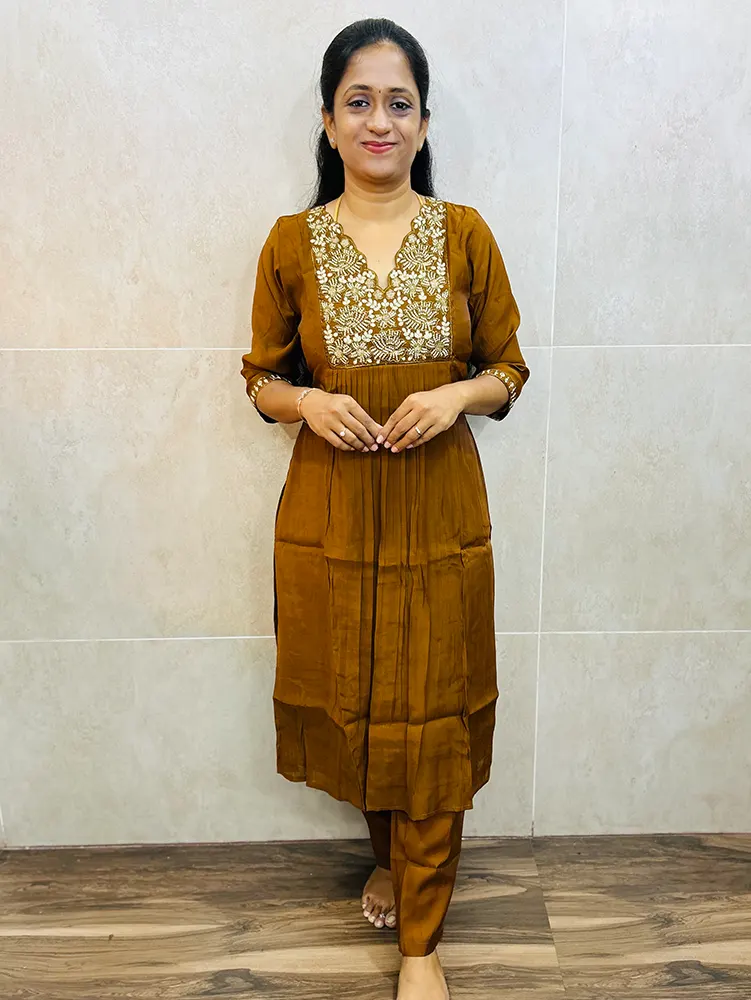 Soft silk top (crepe lining) with embroidered yoke paired with soft silk bottom (straight cut)