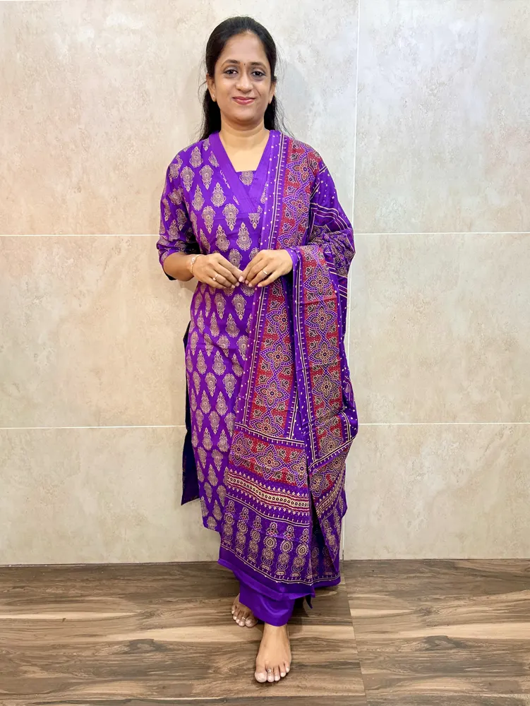 Handblock printed Ajrakh cotton top paired with cotton dupatta and cotton bottom(straight cut)