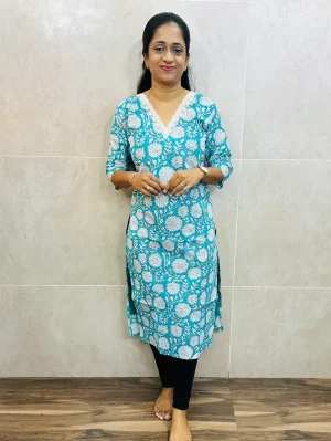 Handblock printed Jaipur cotton top (cotton lining) with fancy lace work on yoke (straight cut)