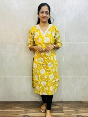 Handblock printed Jaipur cotton top (cotton lining) with fancy lace work on yoke (straight cut)