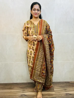 Handblock printed Ajrakh cotton top paired with cotton dupatta and cotton bottom (straight cut)