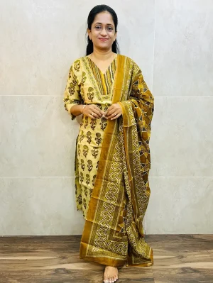 Handblock printed Ajrakh cotton top paired with cotton dupatta and cotton bottom (straight cut)