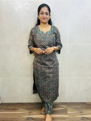 Ajrakh Printed cotton rayon top (cotton lining) paired with printed cotton rayon bottom (straight cut)