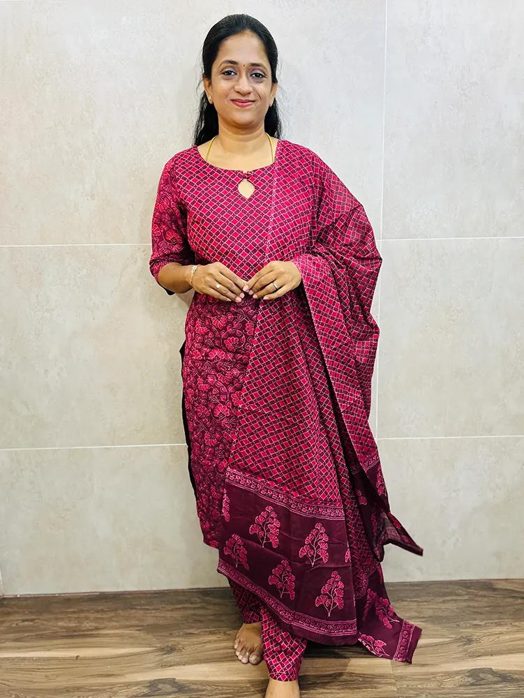Printed Jaipur cotton top (cotton lining) paired with cotton dupatta and cotton bottom (Free size)