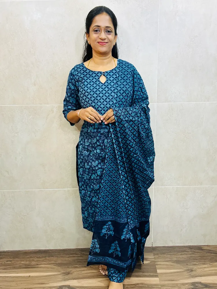 Printed Jaipur cotton top (cotton lining) paired with cotton dupatta and cotton bottom (Free size)