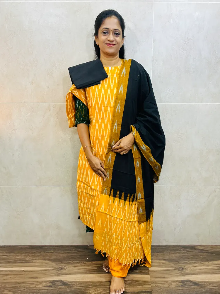 Pure handloom Ikkat cotton top (cotton lining) paired with Ikkat cotton dupatta and cotton bottom (free size)