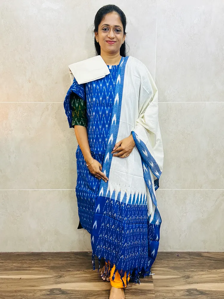 Pure handloom Ikkat cotton top (cotton lining) paired with Ikkat cotton dupatta and cotton bottom (free size)