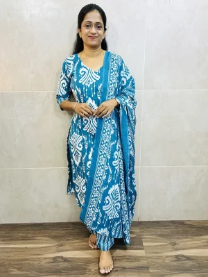 Printed rayon cotton top (cotton lining) paired with printed rayon cotton dupatta and printed bottom (straight cut)