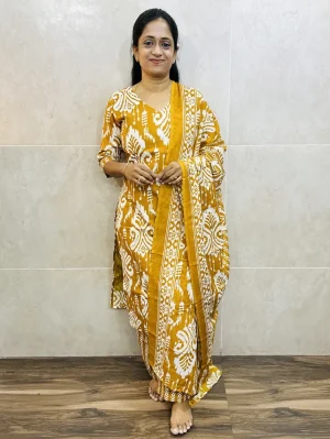 Printed rayon cotton top (cotton lining) paired with printed rayon cotton dupatta and printed bottom (straight cut)