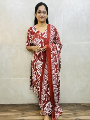 Printed rayon cotton top (cotton lining) paired with printed rayon cotton dupatta and printed bottom (straight cut)