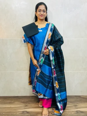 Mangalagiri silk top (cotton lining) with Pochampally borders paired with Mangalagiri silk dupatta and cotton bottom (free size)