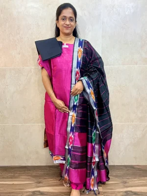 Dark onion pink - Mangalagiri silk top (cotton lining) with Pochampally borders paired with Mangalagiri silk dupatta and cotton bottom (free size)