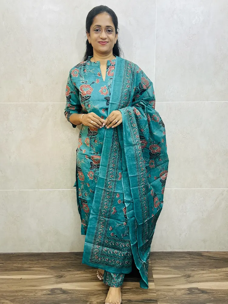 Printed Jaipur cotton top (cotton lining) paired with cotton dupatta and cotton bottom (Straight cut)