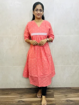 Pure cotton top(cotton lining)with allover thread weavings and crochet lace work on yoke(Aline pattern)