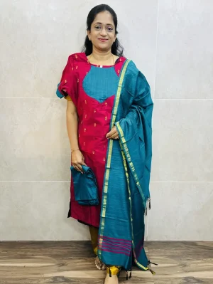 Dark Pink - Rama Blue - Semi raw silk top (cotton lining) paired with semi raw silk dupatta and semi raw silk bottom (Free size)