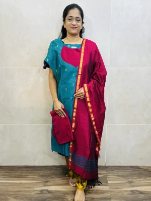 Semi raw silk top (cotton lining) paired with semi raw silk dupatta and semi raw silk bottom (Free size)