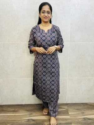 Blue - Printed rayon top (cotton lining) paired with printed rayon bottom (straight cut)