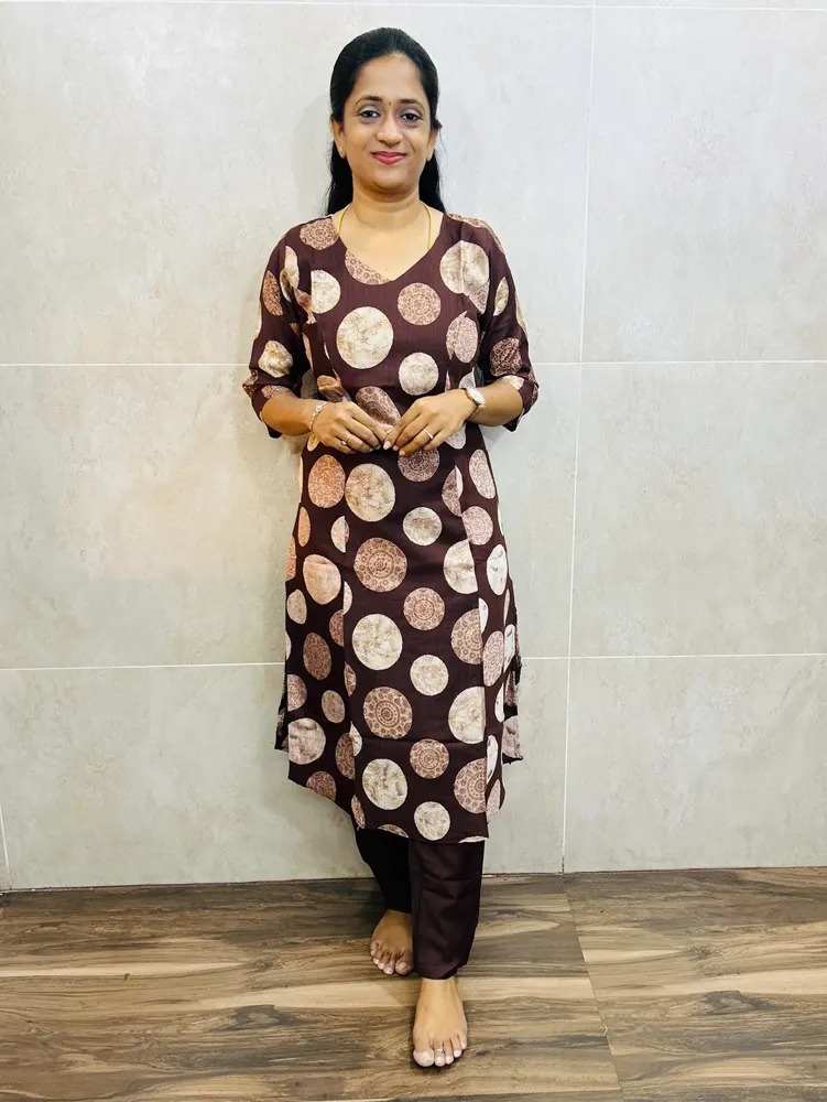 Printed rayon top(cotton lining with 1-side pocket) paired with rayon bottom(straight cut)
