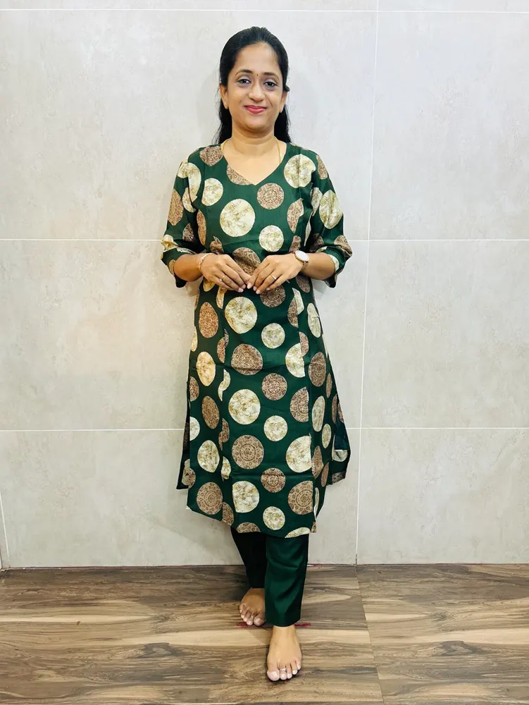 Printed rayon top(cotton lining with 1-side pocket) paired with rayon bottom(straight cut)