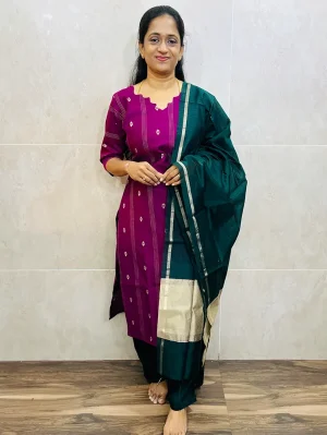 Semi raw silk top (cotton lining) with all over thread weaving paired with semi raw silk dupatta and semi raw silk bottom (free size)
