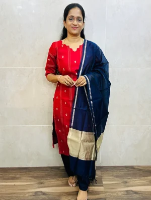 Semi raw silk top (cotton lining) with all over thread weaving paired with semi raw silk dupatta and semi raw silk bottom (free size)