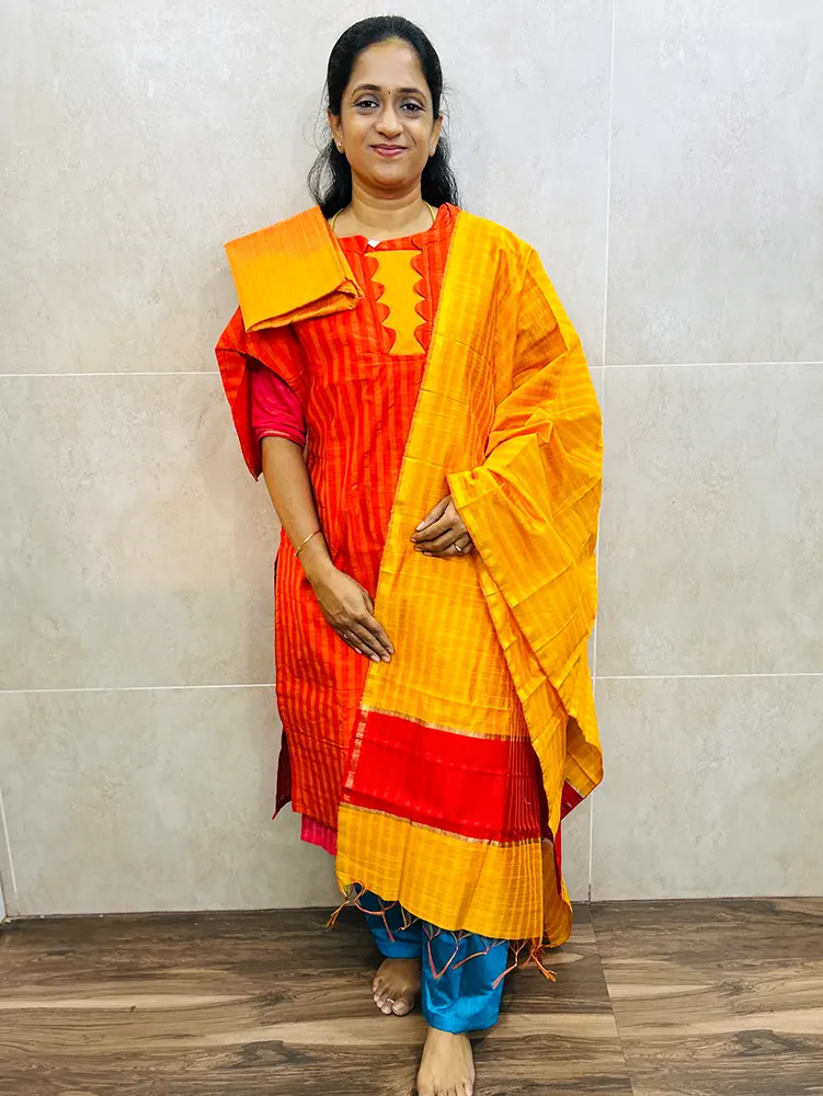 Semi raw silk top (cotton lining) paired with semi raw silk dupatta and semi raw silk bottom (Free size)