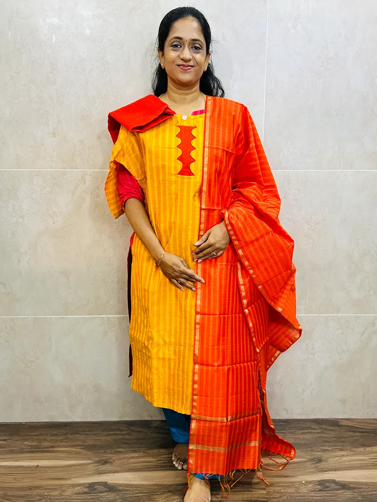 Semi raw silk top (cotton lining) paired with semi raw silk dupatta and semi raw silk bottom (Free size)