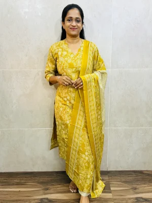 Printed linen cotton top (cotton lining) paired with printed silk dupatta and linen cotton bottom (straight cut)