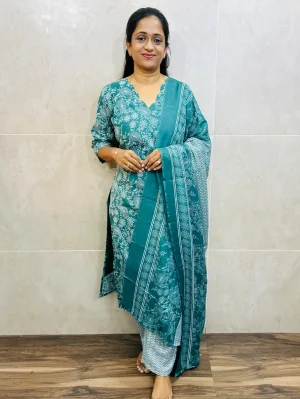 Printed linen cotton top (cotton lining) paired with printed silk dupatta and linen cotton bottom (straight cut)