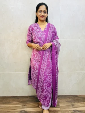 Printed linen cotton top (cotton lining) paired with printed silk dupatta and linen cotton bottom (straight cut)