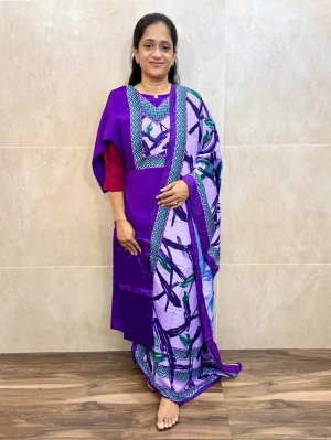 Soft silk top(crepe lining)with muslin silk patchwork on yoke paired with soft muslin silk dupatta and silk bottom(straight cut)