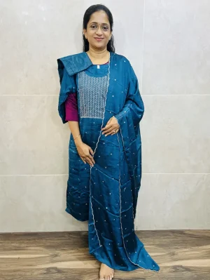 Soft silk top (crepe lining) with embroidered yoke paired with soft silk dupatta and silk bottom (straight cut)