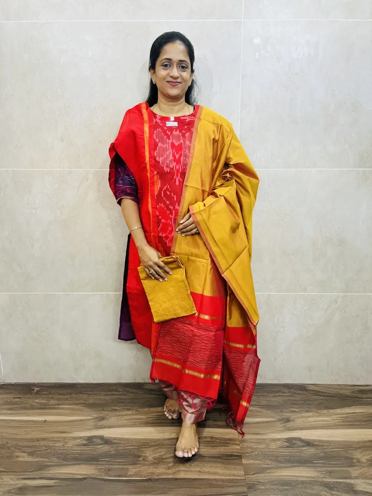 Premium Pochampally handloom silk cotton top (cotton lining) paired with silk cotton dupatta and silk bottom (Free size)