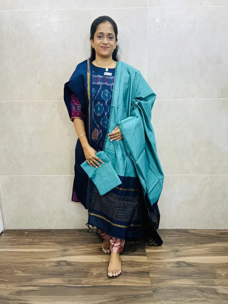 Premium Pochampally handloom silk cotton top (cotton lining) paired with silk cotton dupatta and silk bottom (Free size)