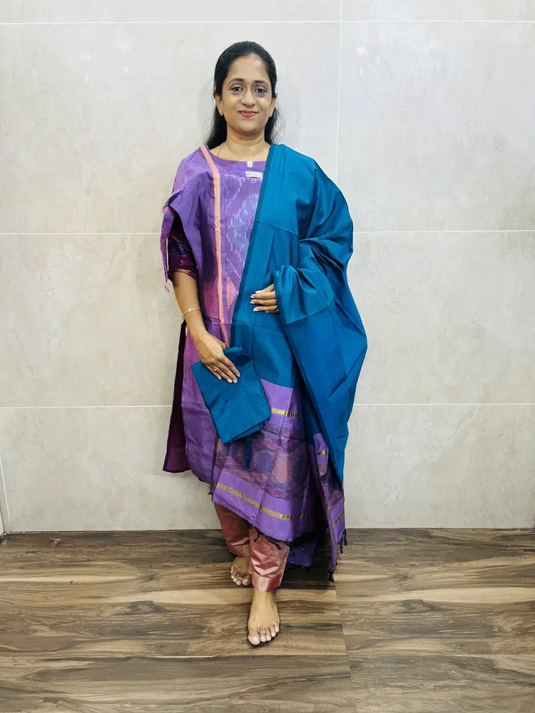 Premium Pochampally handloom silk cotton top (cotton lining) paired with silk cotton dupatta and silk bottom (Free size)