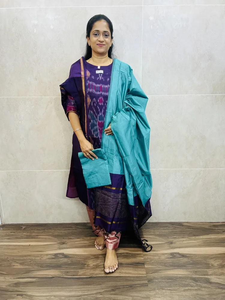 Premium Pochampally handloom silk cotton top (cotton lining) paired with silk cotton dupatta and silk bottom (Free size)