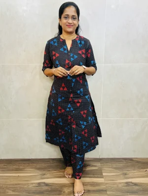 (Black)Handblock printed pure cotton top(cotton lining) paired with printed cotton bottom(free size)
