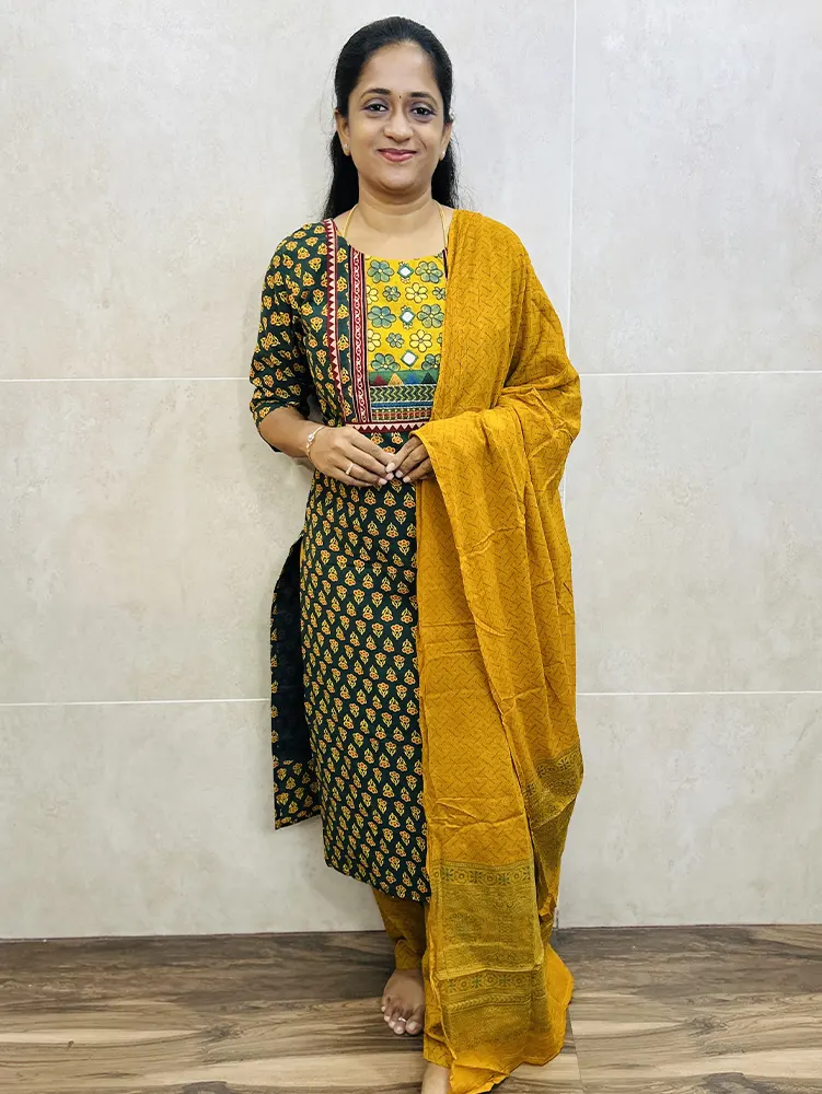 Ajrakh dyed Handblock printed cotton top (cotton lining) paired with cotton dupatta and cotton bottom (free size)