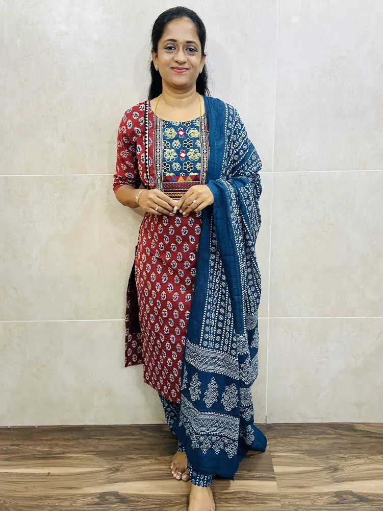 Ajrakh dyed Handblock printed cotton top (cotton lining) paired with cotton dupatta and cotton bottom (free size)