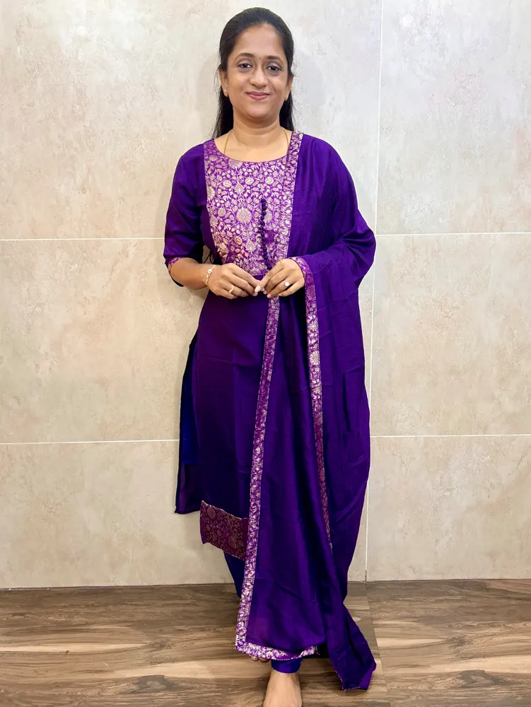 Soft silk top(cotton lining)with patchwork on yoke paired with soft silk dupatta and silk bottom(free size)
