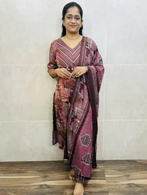 Printed premium rayon top (cotton lining) paired with printed rayon dupatta and rayon bottom (free size)