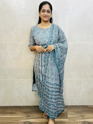 Printed linen cotton top (cotton lining) paired with linen cotton dupatta and linen cotton bottom (free size)