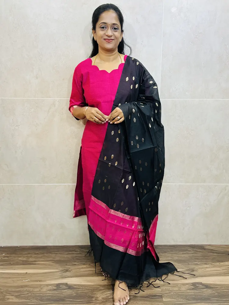 Semi Maheshwari silk top (cotton lining) with allover zari woven buttas paired with semi Maheshwari silk dupatta and silk cotton bottom (Free size)