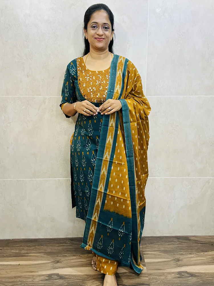 Printed Jaipur cotton top (cotton lining) with hand worked yoke paired with printed cotton dupatta and cotton bottom (straight cut)