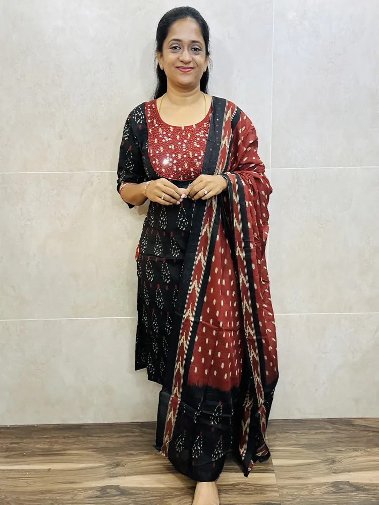 Printed Jaipur cotton top (cotton lining) with hand worked yoke paired with printed cotton dupatta and cotton bottom (straight cut)