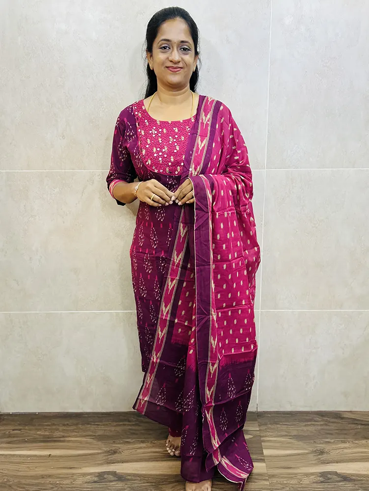 Printed Jaipur cotton top (cotton lining) with hand worked yoke paired with printed cotton dupatta and cotton bottom (straight cut)